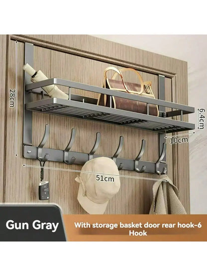 Gun Gray Over-the-Door Hook Rack with Storage Shelf, 6 Heavy-Duty Hooks for Coats, Bags, Hats & Keys, No-Drill Door Back Organiz