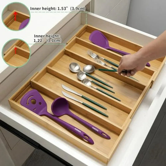 Bamboo Expandable Kitchen Drawer Organizer, Adjustable Utensil Holder and Cutlery Tray Organiser, Drawer Divider for Silverware