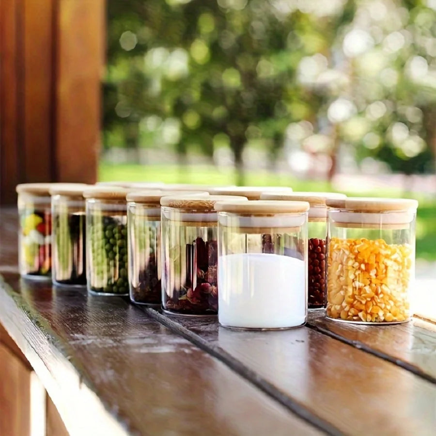 Bamboo Lid Glass Spice Jar Set Of 12,Candy,Storage,Kitchen Glass Sealed Can,Seasoning Container With Wooden Lid,Candy,Food Jar