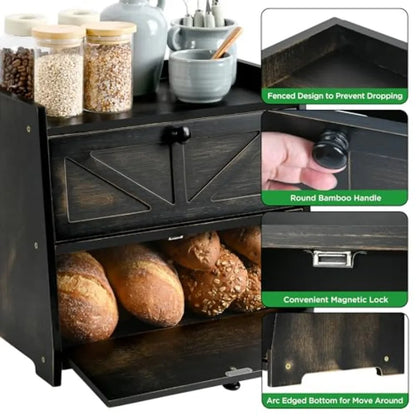Ollieroo Vintage Double Layer Bread Box for Kitchen Countertop for Homemade Bread Large