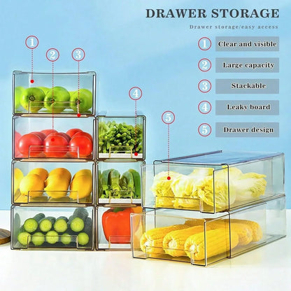 2Pack Clear Fridge Drawers PullOut Stackable Refrigerator Drawer Pantry Storage Box Plastic Food Containers for Kitchen