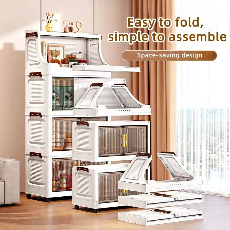Large Foldable Flip-Top Transparent Storage Cabinet with Wheels, Space-Saving Mobile Organizer for Kitchen Bedroom Living Room