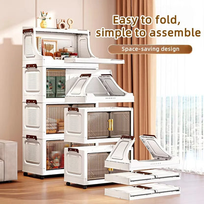 Large Foldable Flip-Top Transparent Storage Cabinet with Wheels, Space-Saving Mobile Organizer for Kitchen Bedroom Living Room