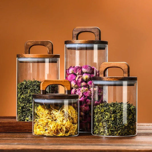 Clear Glass Jar with Bamboo Lid Airtight Canister Food Storage Container for Loose Tea Coffee Bean Sugar Salt Kitchen Organizer