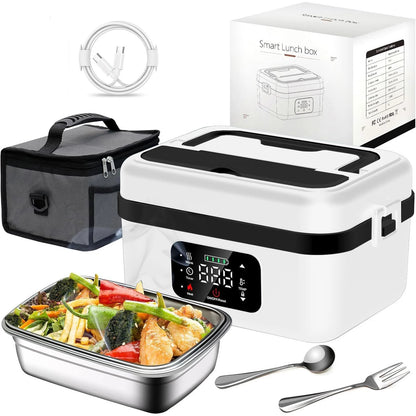 8000mAh Rechargeable Timer Automatic Heating Lunch Box, 1L Portable Food Warmer with Fork and Spoon and Insulated Carrying Bag
