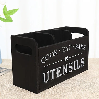 Wooden Vintage Kitchen Chopstick and Spoon Storage Box Solid Wood Divided Compartment Cutlery Organiser Desktop Stationery