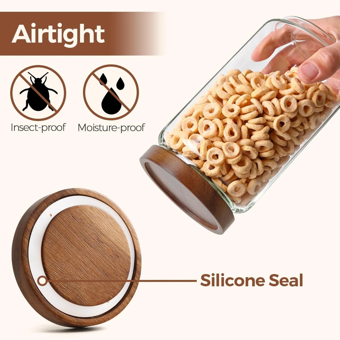 6PCS Glass Pantry Storage Container with Acacia Wood Lid,Airtight Glass Canister with Stacked Design for Orderly Organizing