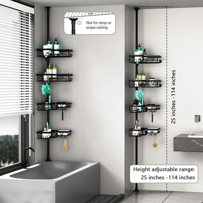 4-Tier Stainless Steel Adjustable Shower Caddy Tension Pole for Bathroom Organization, Rustproof Black
