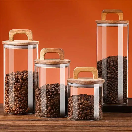 Clear Glass Jar with Bamboo Lid Airtight Canister Food Storage Container for Loose Tea Coffee Bean Sugar Salt Kitchen Organizer
