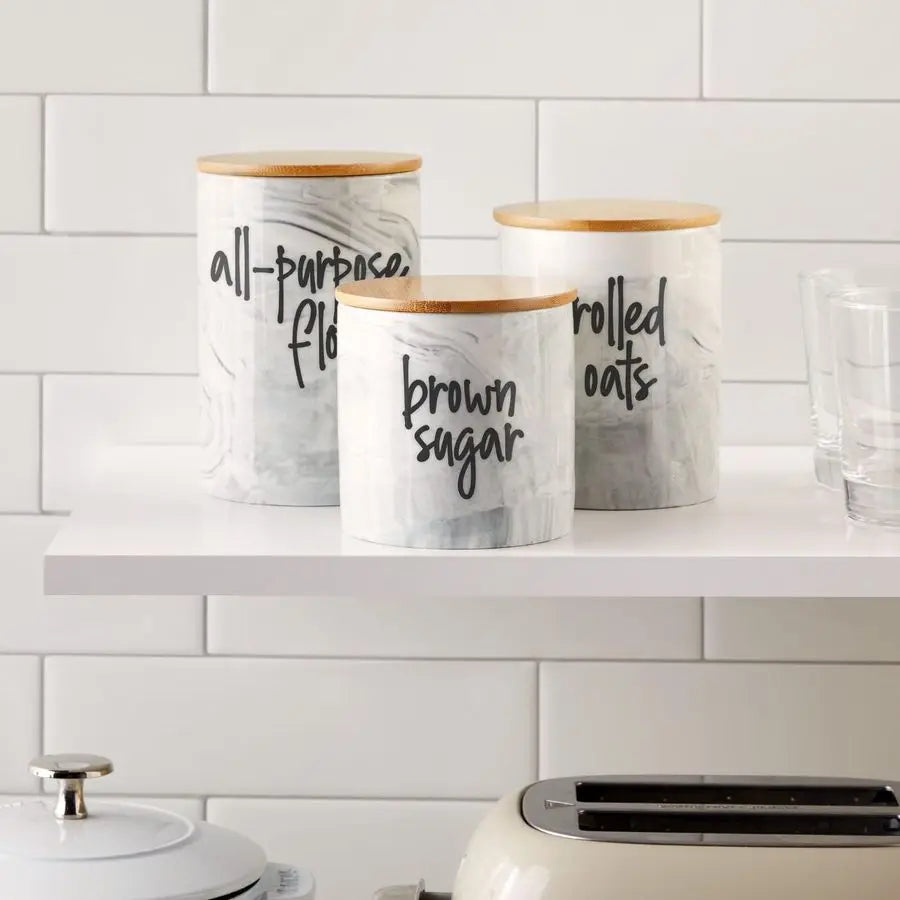Ceramic Jar Set Airtight Wood Lids for Kitchen Countertop Jars White Marble Ceramic