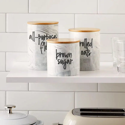Ceramic Jar Set Airtight Wood Lids for Kitchen Countertop Jars White Marble Ceramic