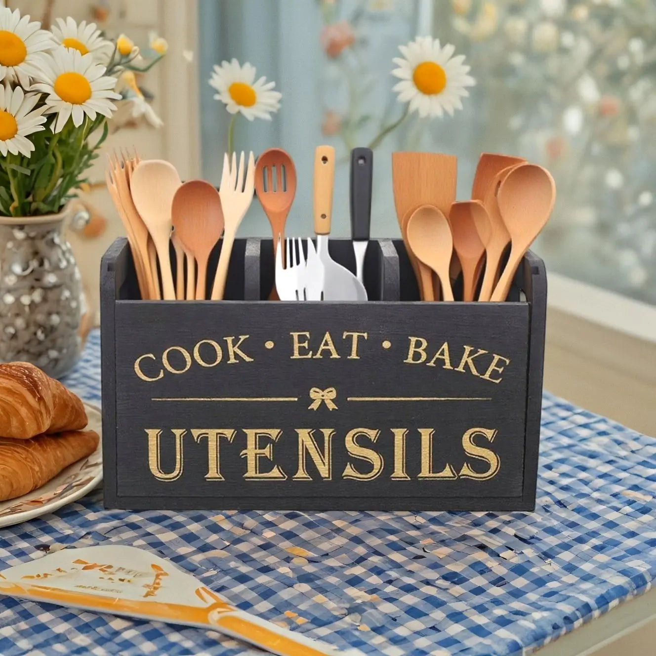 Wooden Vintage Kitchen Chopstick and Spoon Storage Box Solid Wood Divided Compartment Cutlery Organiser Desktop Stationery