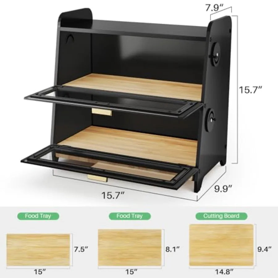 Bread Box - Kitchen Countertop Bread Storage Container with Bamboo Cutting Board Adjustable Vent Hole Dials