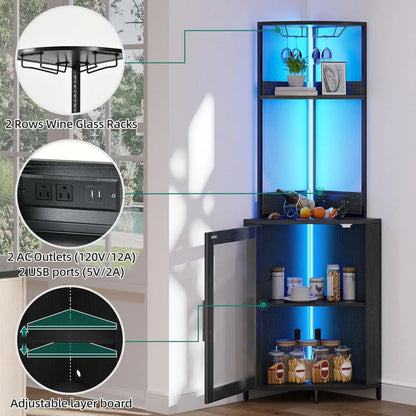 Corner Wine Cabinet with Power Outlets & LED Lights, Corner Bar Cabinet with Glass Holder, Liquor Bar Rack Cabinet for