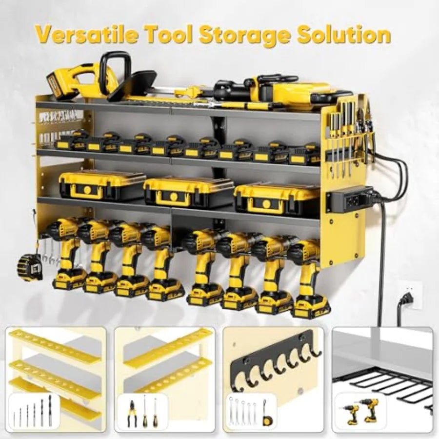 Tool Organizer Wall Mount Charging, 4 Layer Heavy Duty Metal Storage Rack Loads 600lbs with 8 Cordless Drill Holder, Battery Ut