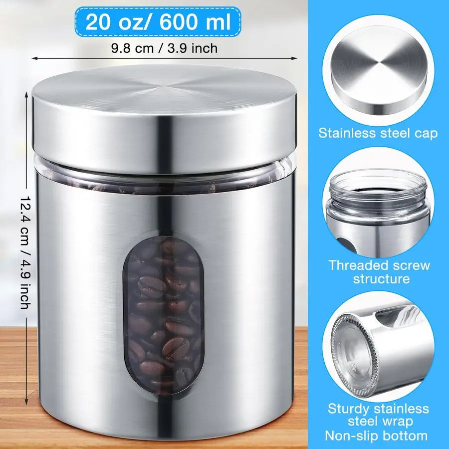 6 Pack Kitchen Canisters Set Airtight Coffee Sugar Tea Candy Storage Jars with Window Glass Stainless Steel Containers with Lids