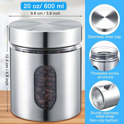6 Pack Kitchen Canisters Set Airtight Coffee Sugar Tea Candy Storage Jars with Window Glass Stainless Steel Containers with Lids