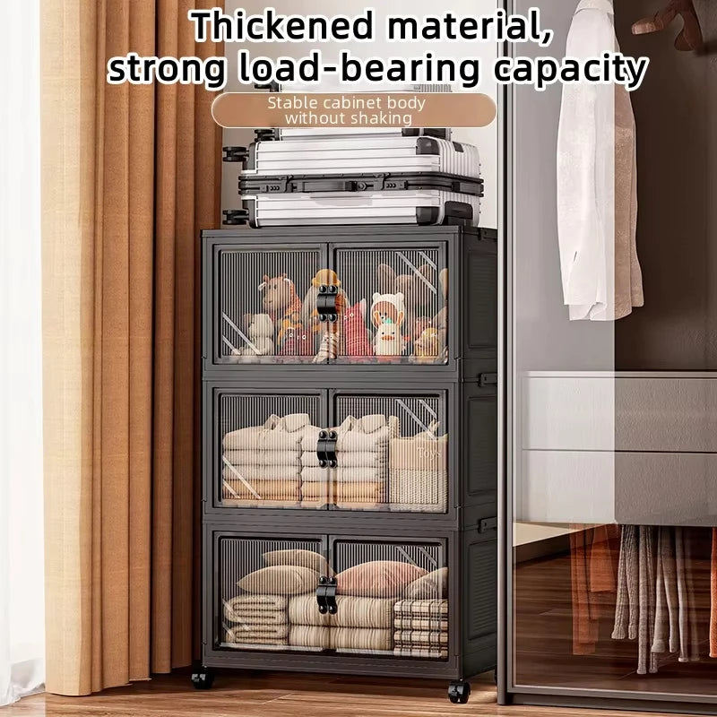 22.4 Inch Foldable Storage Box, Double Doors Multi-Layer No Assembly Organizer for Drinks/Snacks/Toys/Daily Items, Space-Saving
