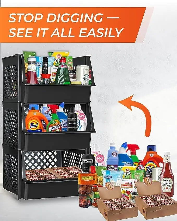 6 Pack Large Stacking Bins Open Front Kitchen and Bathroom Organization, Black Plastic Storage Containers