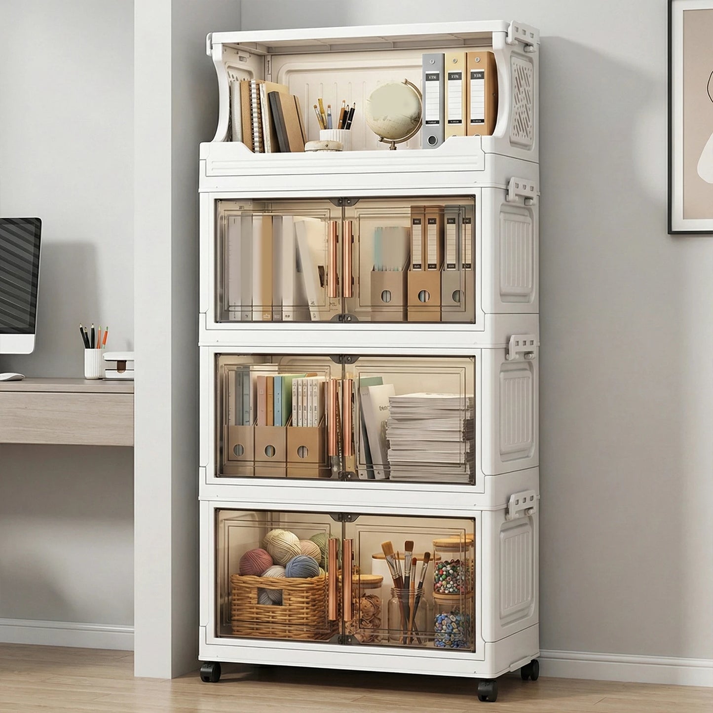 3/4-Tier Stackable Storage Boxes Heavy-Duty Plastic Storage Cabinet Foldable Organization with Door and Wheels Storage Container
