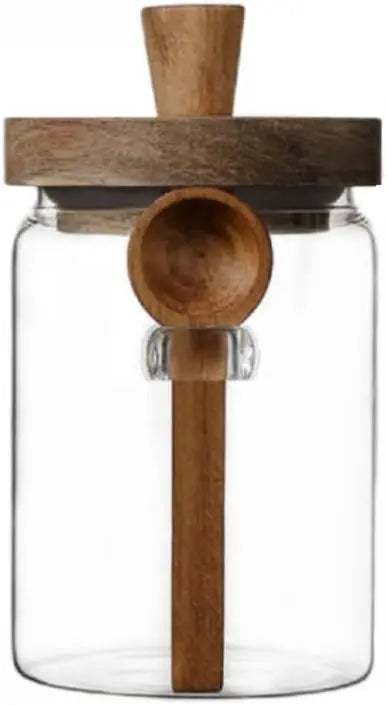 Glass Jar with Wooden Lid and Spoon, 20.3oz Food Storage Containers Coffee Jar Coffee Grounds Container,