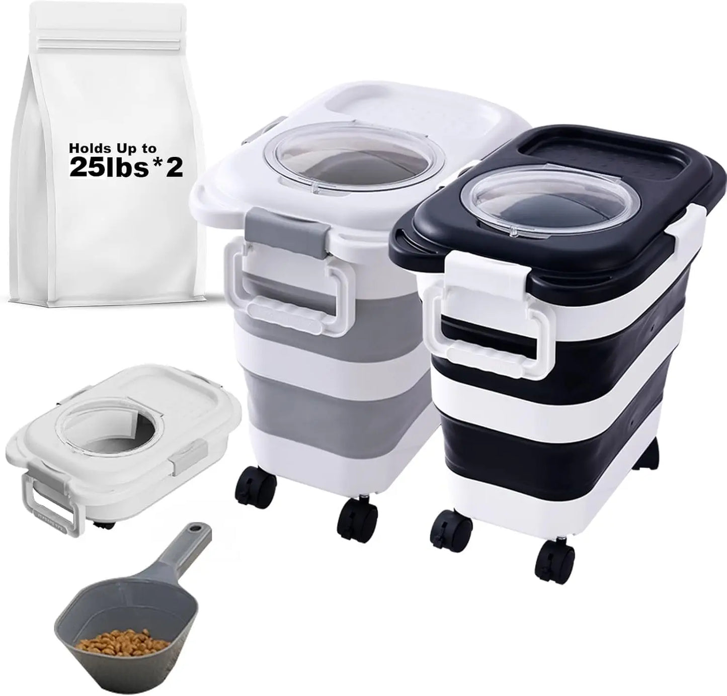 2-Pack Collapsible Pet Food Storage Container with Wheels & Scoop, 25 lbs Capacity Each, Black+White