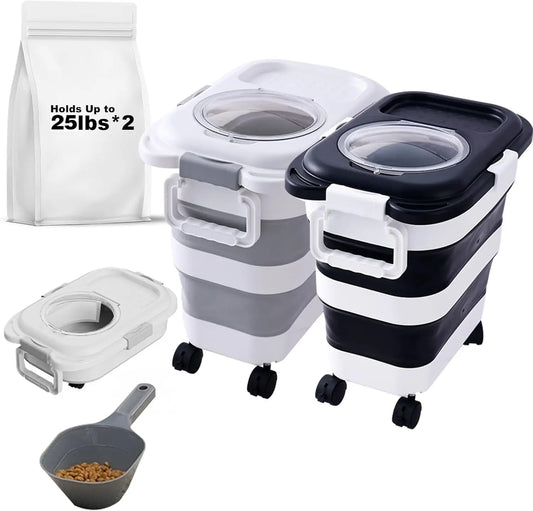 2-Pack Collapsible Pet Food Storage Container with Wheels & Scoop, 25 lbs Capacity Each, Black+White