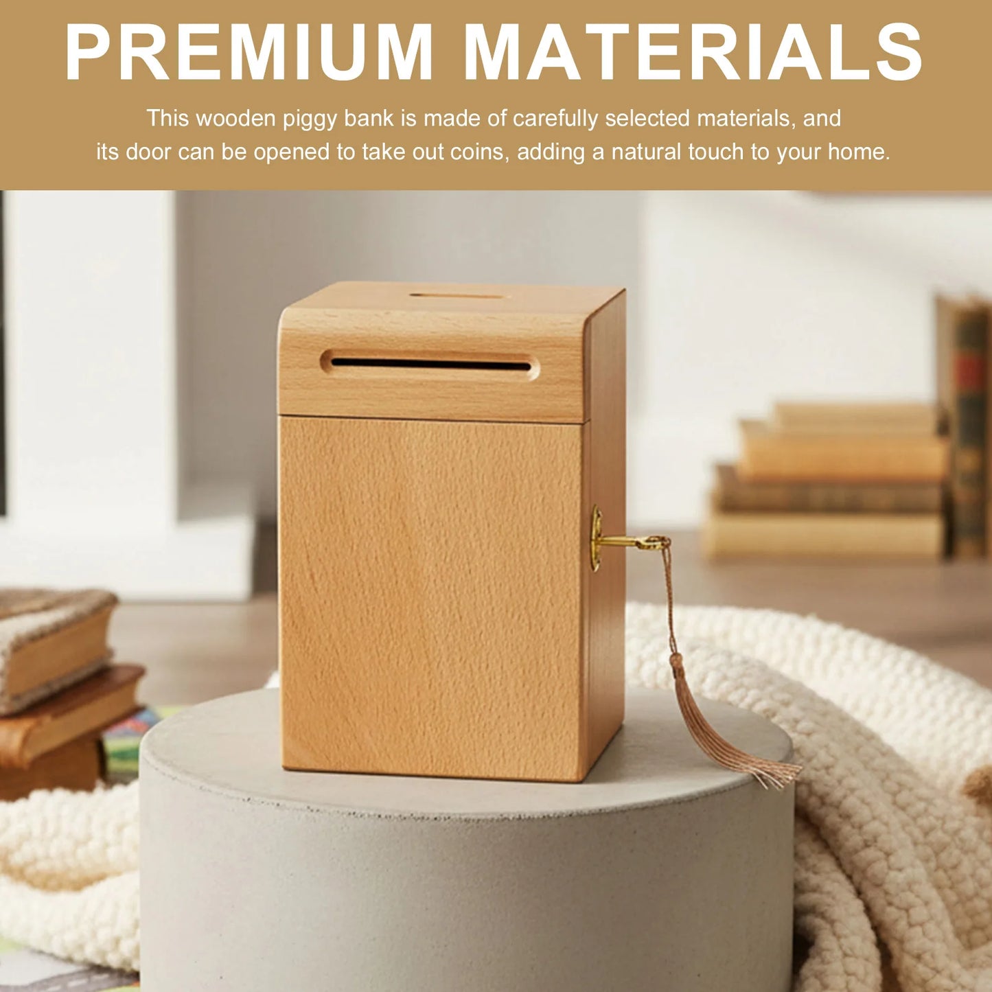 Wooden Piggy Bank with Key Fringe Lock Creative Bulk Coin Can Multi-Purpose Household Money Saving Box for Adults & Kids
