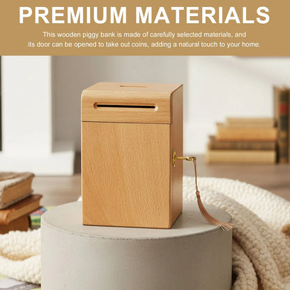 Wooden Piggy Bank with Key Fringe Lock Creative Bulk Coin Can Multi-Purpose Household Money Saving Box for Adults & Kids
