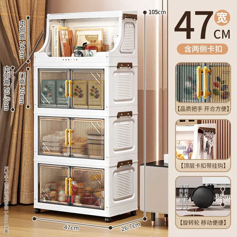 Large Foldable Flip-Top Transparent Storage Cabinet with Wheels, Space-Saving Mobile Organizer for Kitchen Bedroom Living Room