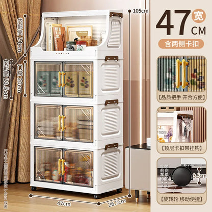 Large Foldable Flip-Top Transparent Storage Cabinet with Wheels, Space-Saving Mobile Organizer for Kitchen Bedroom Living Room