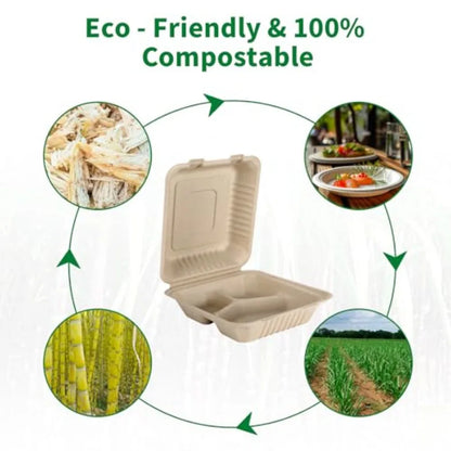 100 Pack 3 Compartment Compostable 8x9 Inch Takeout Lunch Box Containers with Lid for Food Storage and To Go Meals Eco-Friendly