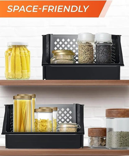 6 Pack Large Stacking Bins Open Front Kitchen and Bathroom Organization, Black Plastic Storage Containers