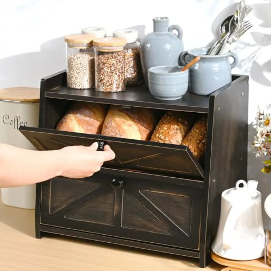 Ollieroo Vintage Double Layer Bread Box for Kitchen Countertop for Homemade Bread Large