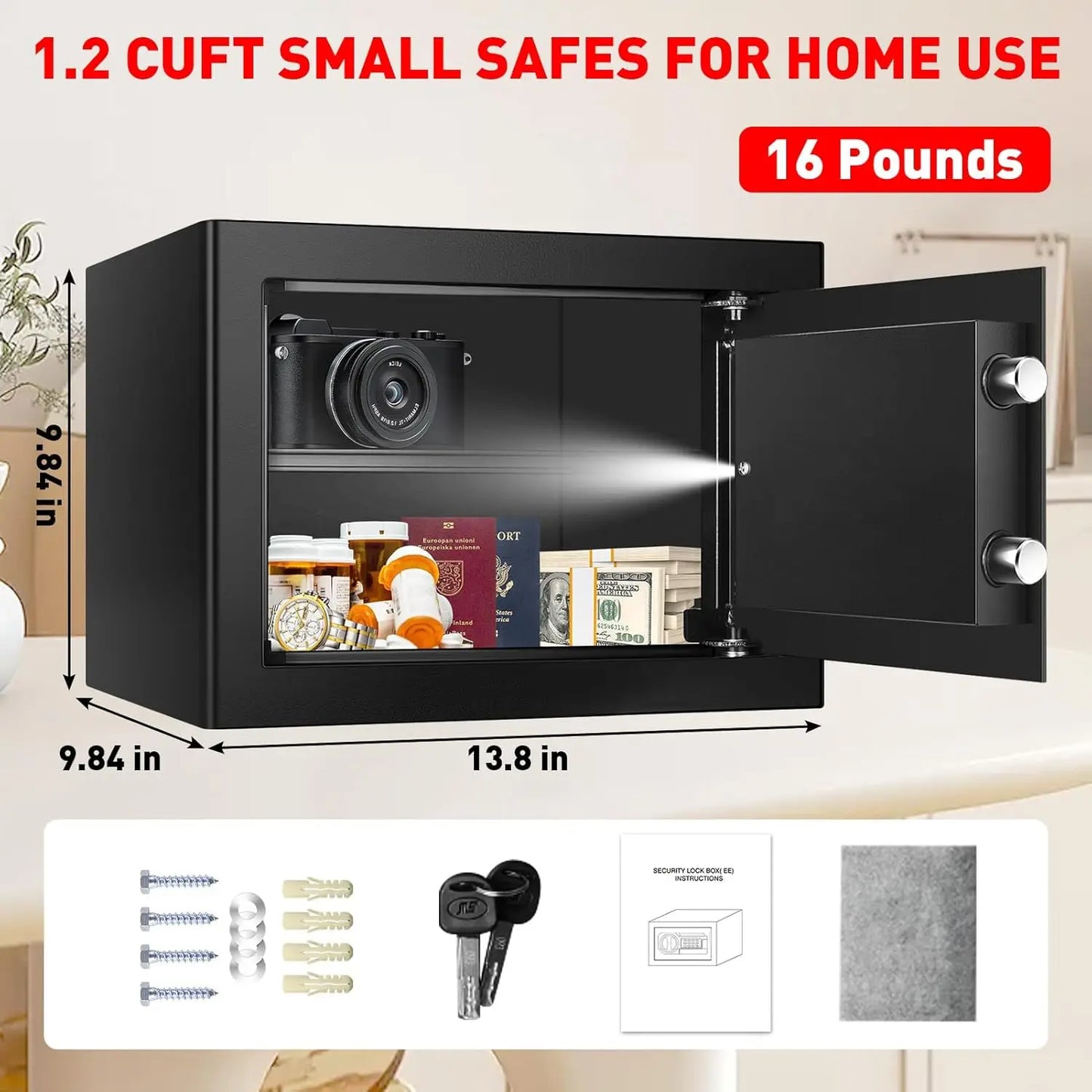 1.2 Cubic Feet Fireproof Safe Box with Digital Keypad, Removable Shelf for Home Security