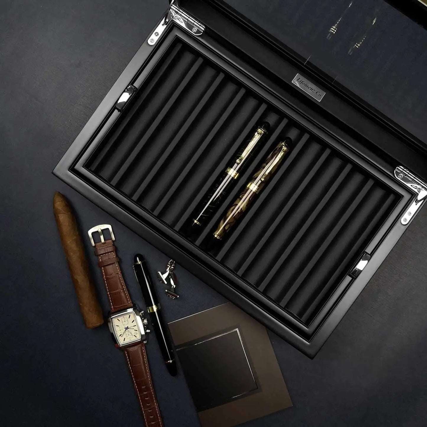 Ebony Wood Pen Display Case with Glass Window, Holds 20 Fountain Pens, Luxury Organizer for Collectors