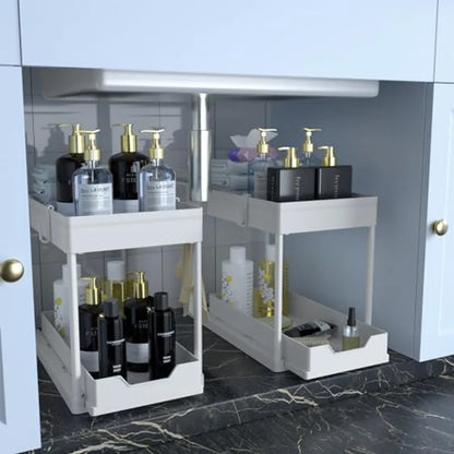 Under Sink Organizer 2 Pack, Bathroom Cabinet Organizer, 2 Tier Sliding Cabinet Basket Organizer Drawer, Multi-Purpose Bath Col