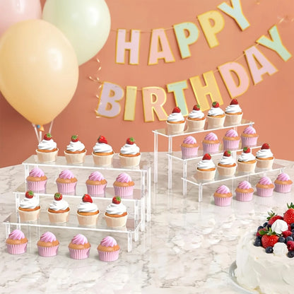 3-Tier Clear Acrylic Display Stand Jewelry Makeup Cupcake Organizer Transparent Shelf Sturdy Base Space-Saving Storage