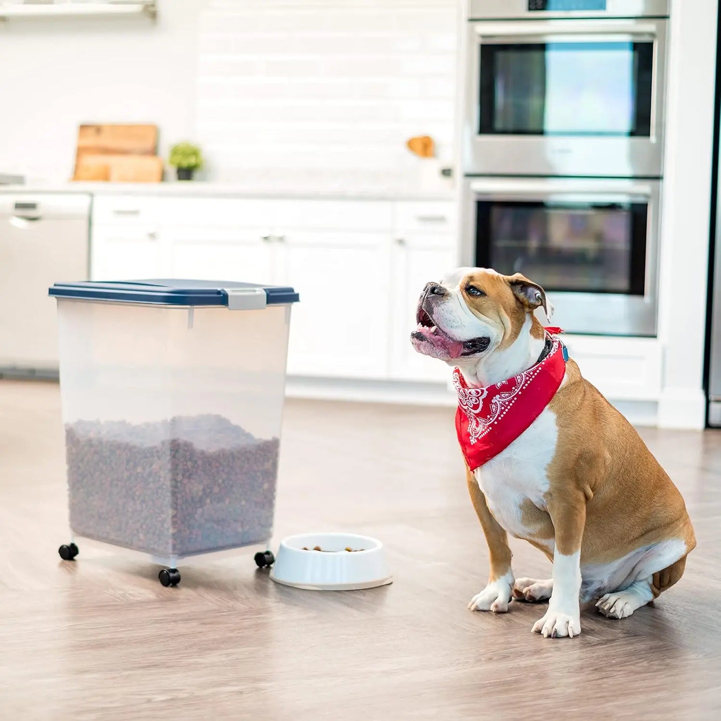 Pet Food Storage Container with Wheels, Airtight Seal for Freshness, Holds Up to 54 Pounds, Translucent Design - Navy