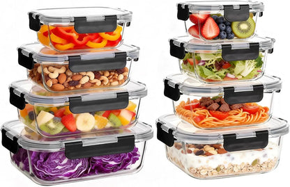 8-Pack Glass Meal Prep Containers with Lids, Airtight Food Storage Set (310ml-1510ml), Leakproof Lunch Boxes for Leftovers