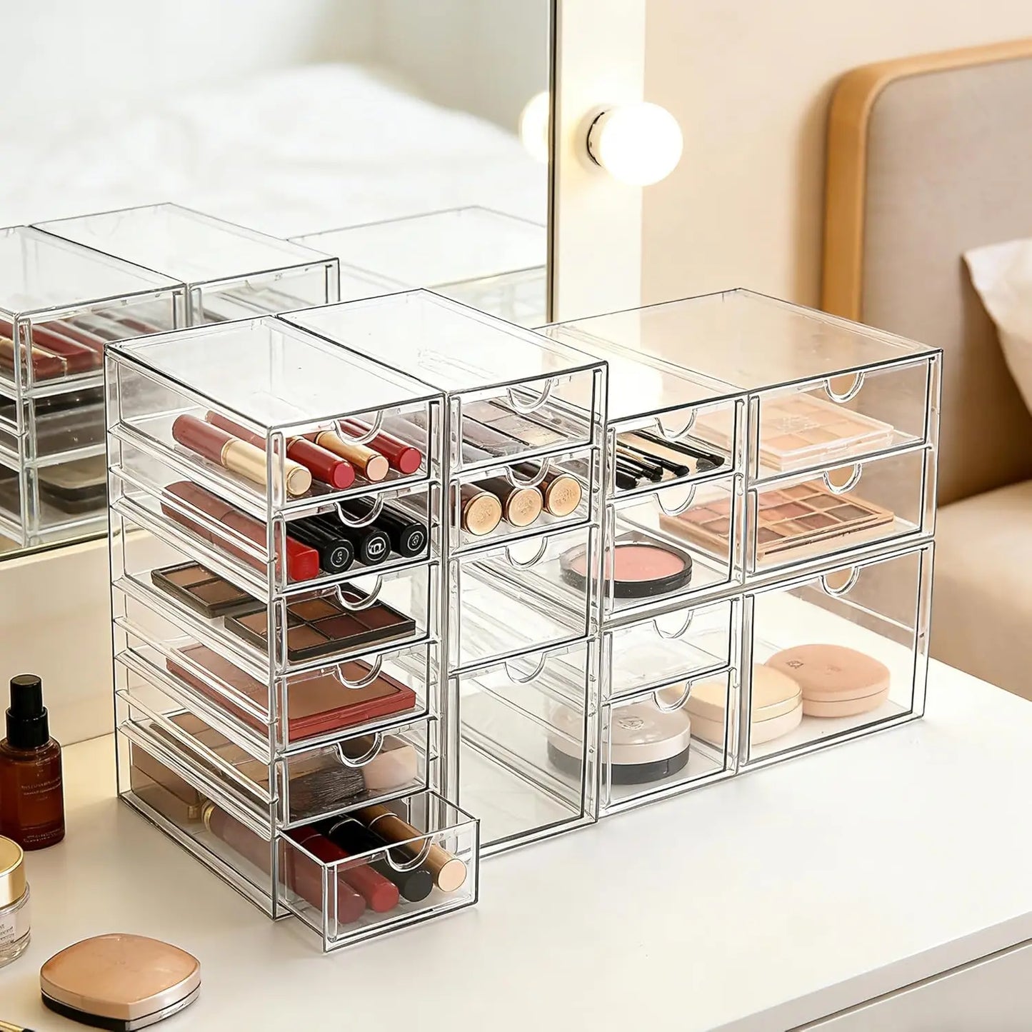 Clear Stackable Drawer Organizer with 17 Drawers, Set of 4 for Craft Office Desk Makeup Jewelry Art Supply Storage