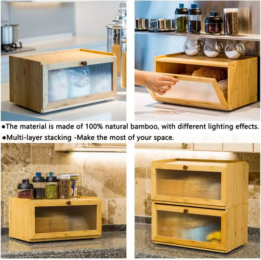 Large Bamboo Bread Box with Window, Farmhouse Style Kitchen Storage Container for Fresh Bread