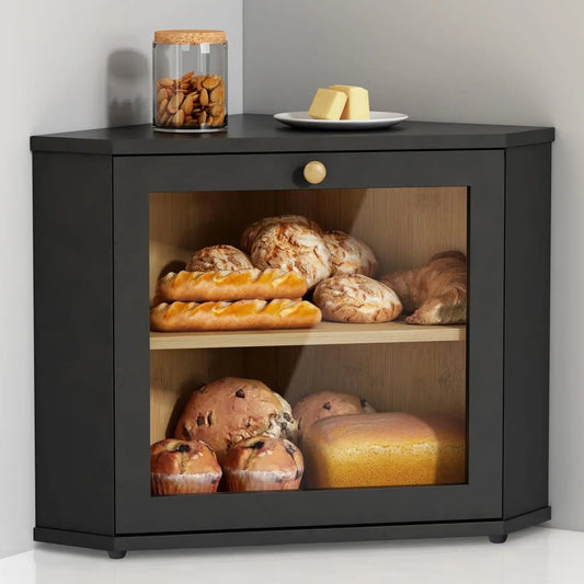 Black Two-Layer Bread Box for Kitchen Countertop, Under Cabinet Mount, Large Storage Container for Homemade Bread