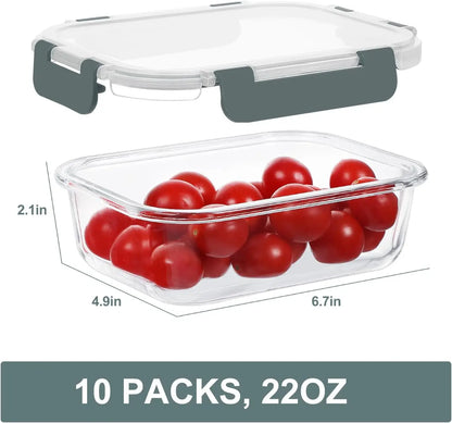 10-Pack 22 oz Glass Meal Prep Containers with Lids, Airtight BPA-Free Lunch Boxes, Microwave and Freezer Safe