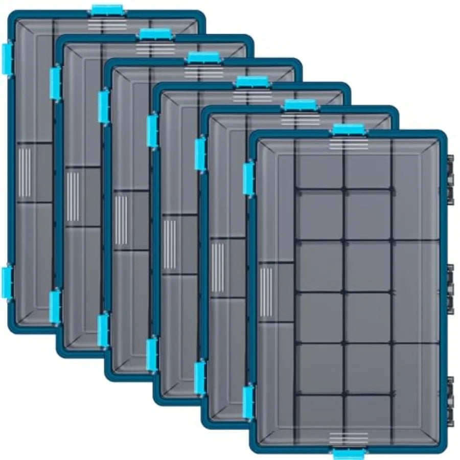 6 Pack Fishing Tackle Boxes Waterproof 3600 and 3700 Tackle Trays with Removable Dividers Plastic Storage Organizer Bait Vault