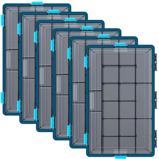 6 Pack Fishing Tackle Boxes Waterproof 3600 and 3700 Tackle Trays with Removable Dividers Plastic Storage Organizer Bait Vault