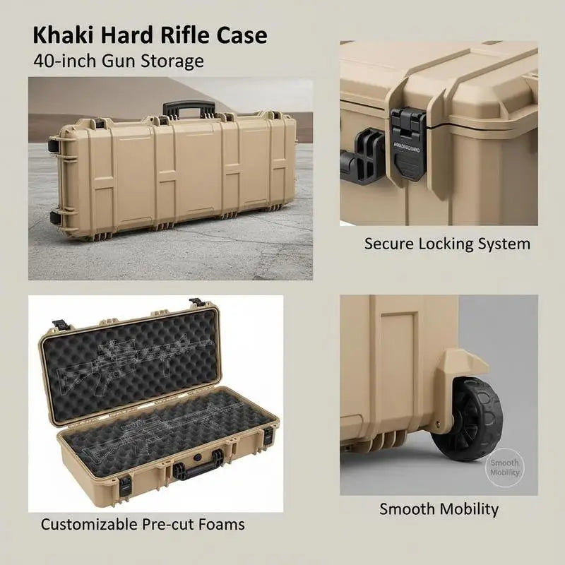 Rifle Protective Trunk 40 Inch For Hunting Shooting Range Tactical Training, Pre-cut Foam Lockable Latches Rolling Wheels Khaki Large Firearm Container Shotgun Airsoft Storage Case