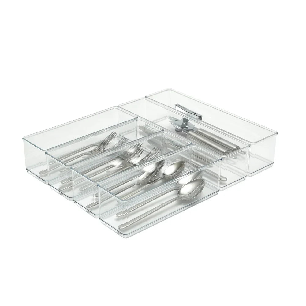 6 Piece Kitchen Drawer Organizer Set Modular Storage Bins BPA Free Clear Plastic Utensil Organization Solution