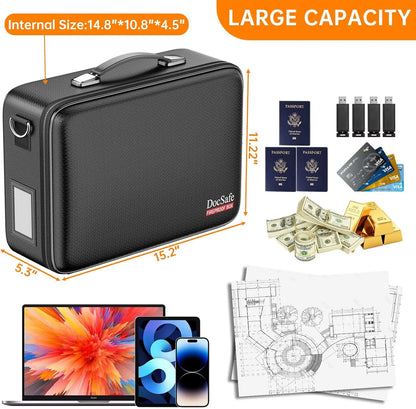 Fireproof Document Box with Lock, Water Resistant Hard Case for Important Files, Laptop Storage in Home Office Travel