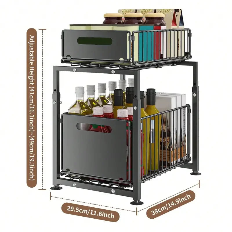 Under Sink Organizer 2-Tier Slide-Out, Heavy-Duty Adjustable Steel Kitchen Bathroom Storage Shelf for Utensils, Spices